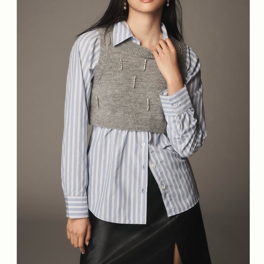 Maeve Embellished Jewel Gray Crop Vest Buttondown Twofer Blue Stripe Top XS